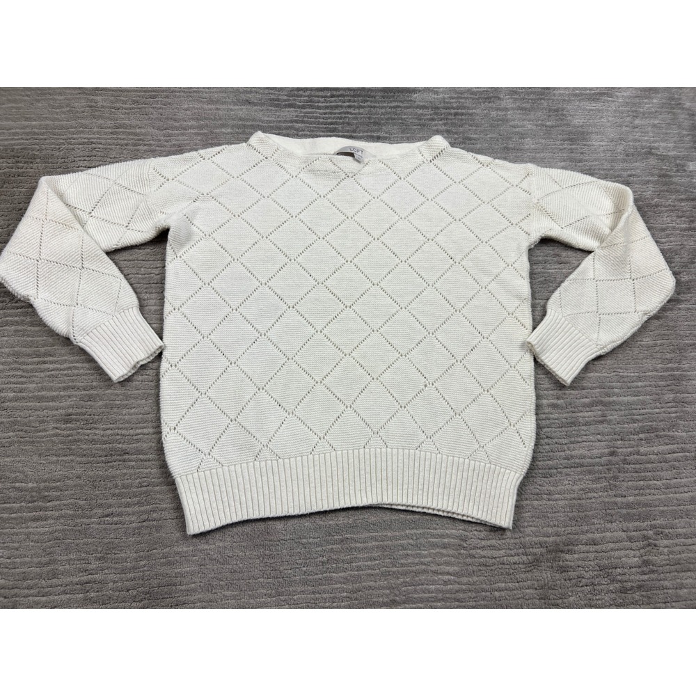 Loft Womens Cream Diamond Pointelle Knit Boat Neck Cotton Blend Sweater Large